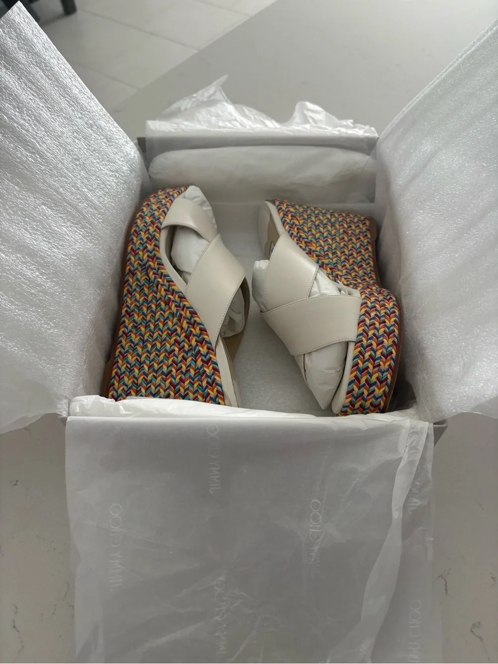 Jimmy Choo White Leather Cross-Strap Wedge Sandals